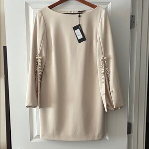 Alberto Makali Cream Long Sleeve Dress with Pearl Details